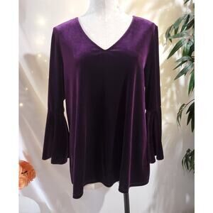 Vtg Prelude 90s Y2K Velvet Bell Sleeve V-Neck Top Size XL Purple Boho Whimsigoth
